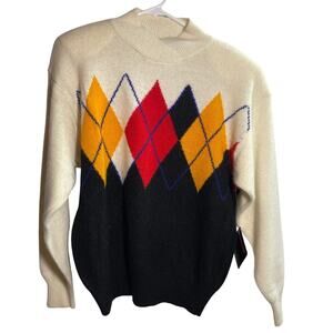Vintage 70s I.B. Diffusion Argyle Lambswool Angora Sweater M Deadstock NWT